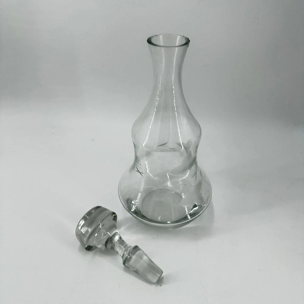 Vintage Etched Glass Decanter with Stopper Grapevine Leaf Pattern Clear 12.5